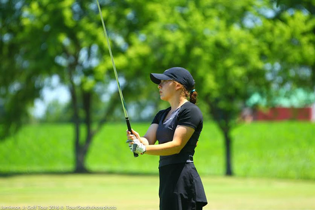 Julia Moretto watches a tee shot on the Jamieson Tour - Photo by Jamieson Golf Tour/ South Shore Photos